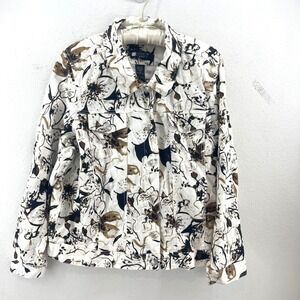 Carol Little Linen Floral Jacket Women‎ 1X White Tan Black Buttons Pocket Boho